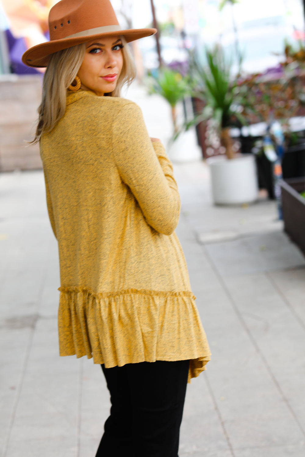 Face the Day Mustard Two-Tone Ruffle Cardigan