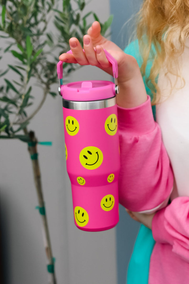 Hot Pink Smiley Insulated Tumbler with Top Handle