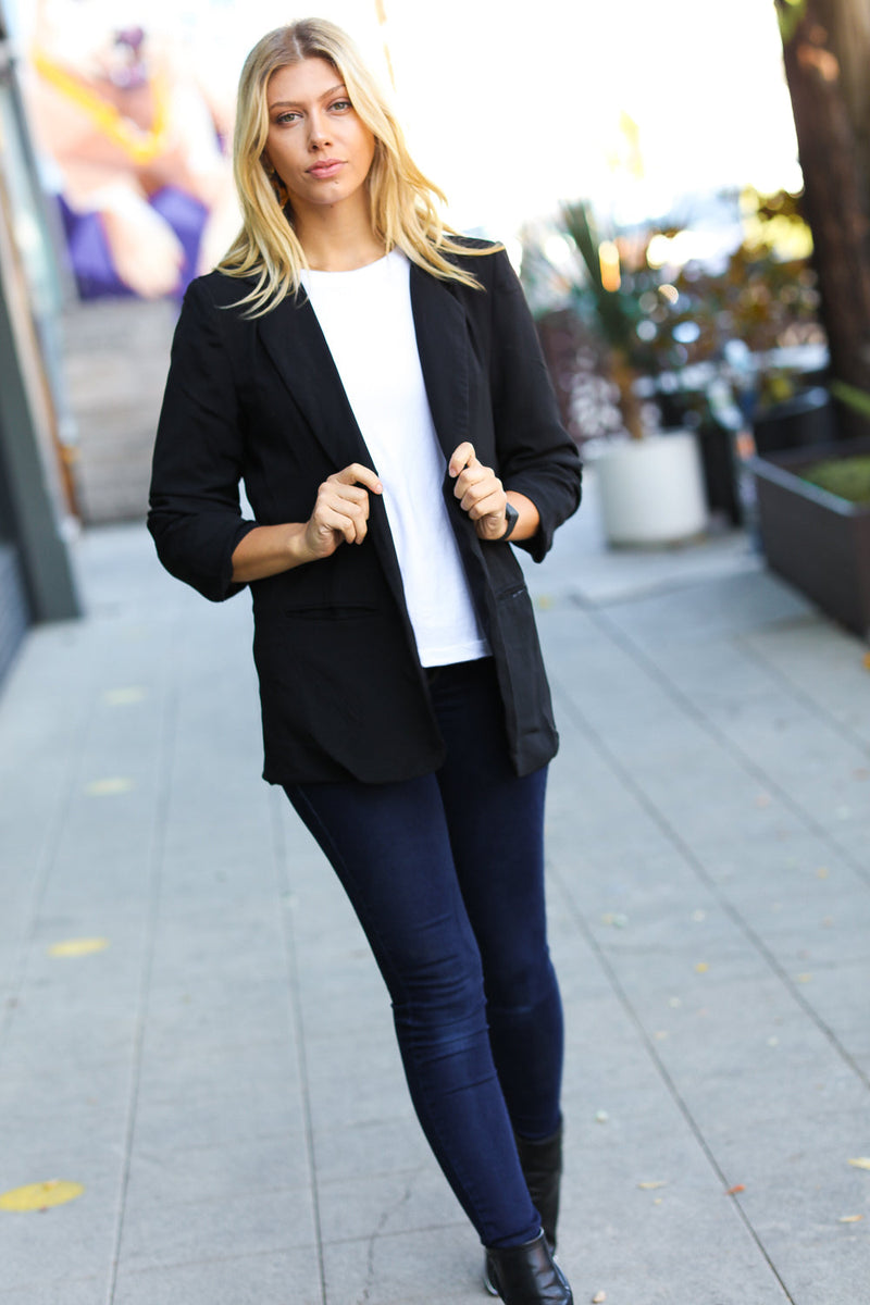 More To Love Black Notched Lapel Ruched Sleeve Blazer