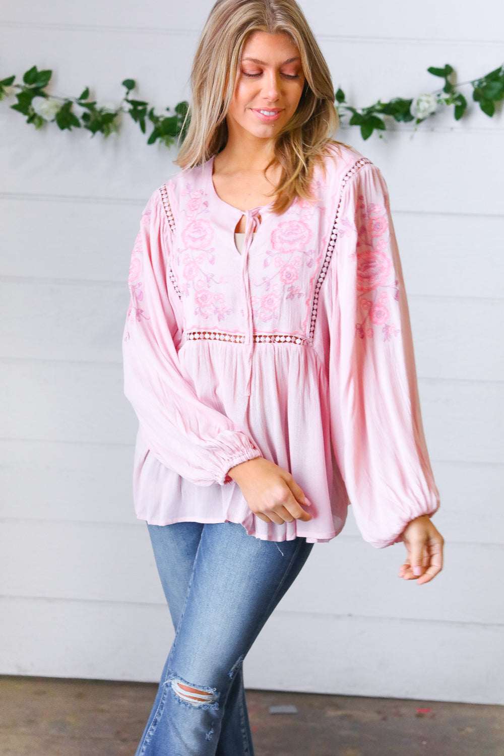 Blush Embroidered Tie String Peasant Top