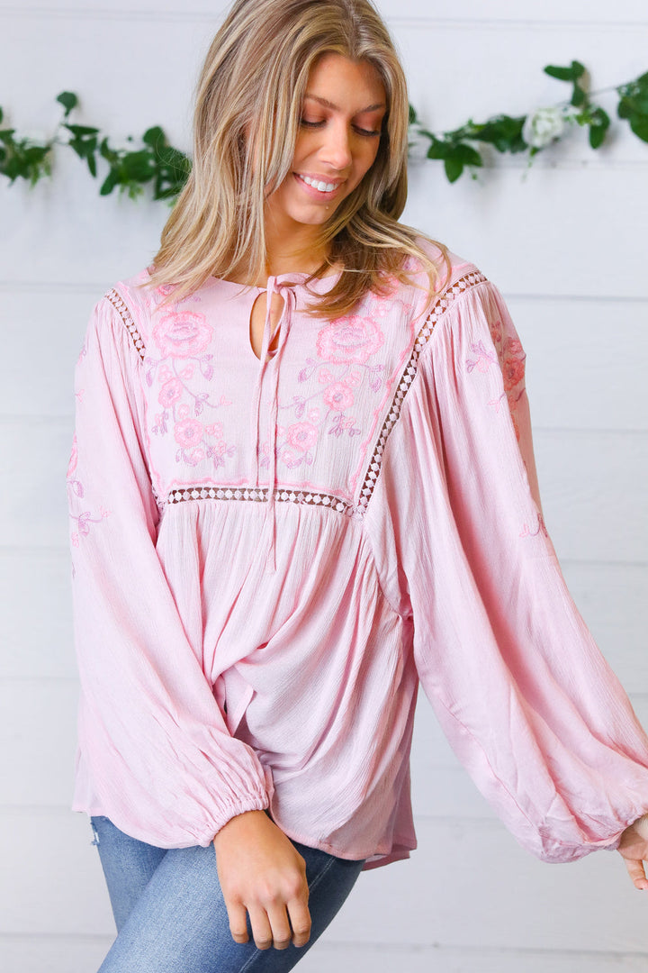 Blush Embroidered Tie String Peasant Top