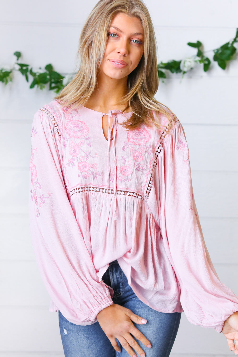 Blush Embroidered Tie String Peasant Top