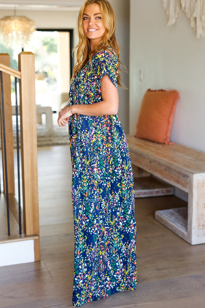 Just Feels Right Navy Blue Floral V Neck Dolman Maxi Dress