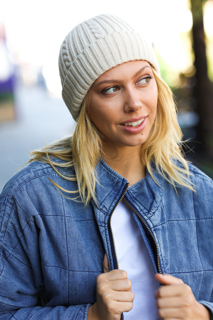 Oatmeal Cable Knit Beanie