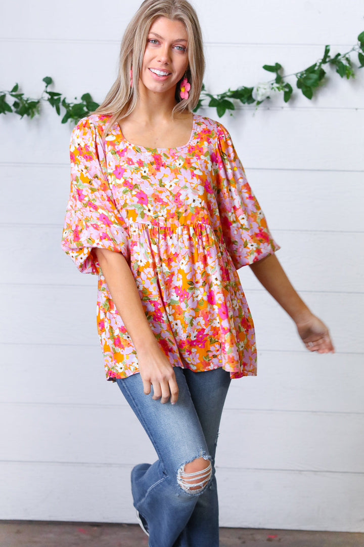 Orange Square Neck Peplum Floral Challis Top