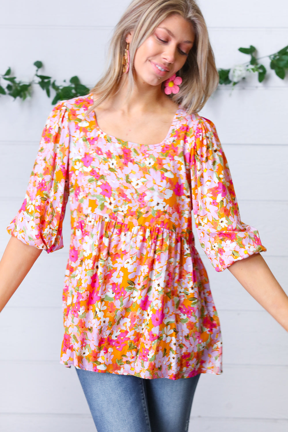 Orange Square Neck Peplum Floral Challis Top