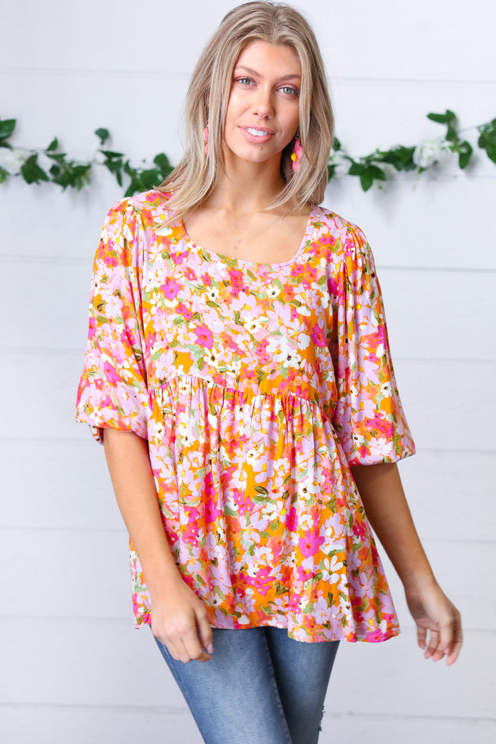 Orange Square Neck Peplum Floral Challis Top