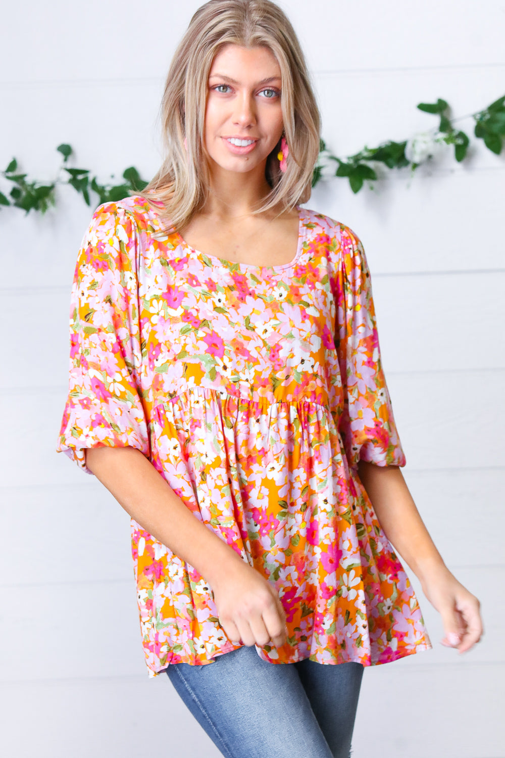 Orange Square Neck Peplum Floral Challis Top