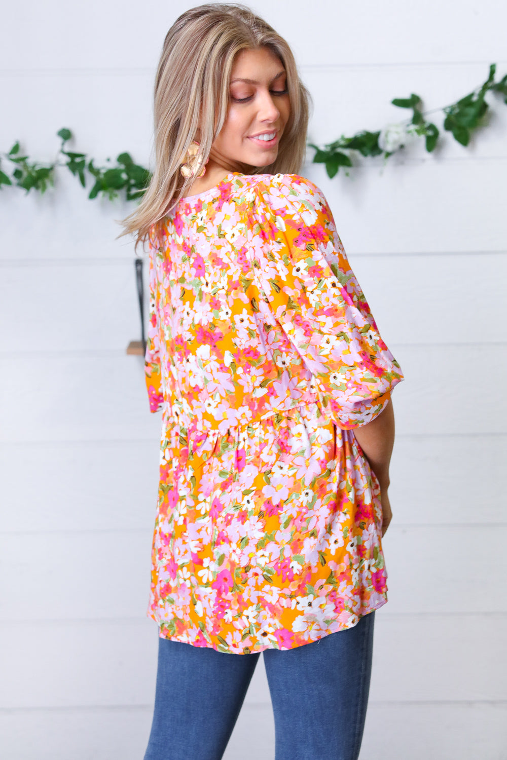 Orange Square Neck Peplum Floral Challis Top