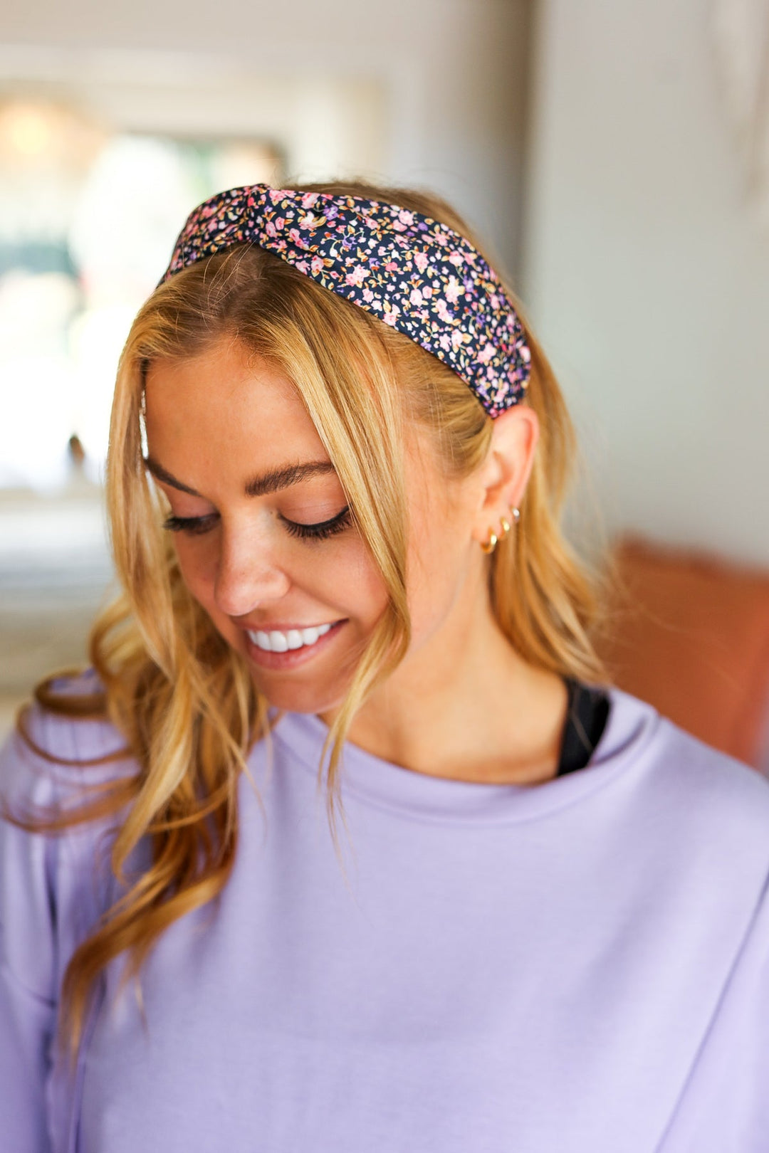 Navy Blue Floral Print Top Knot Headband