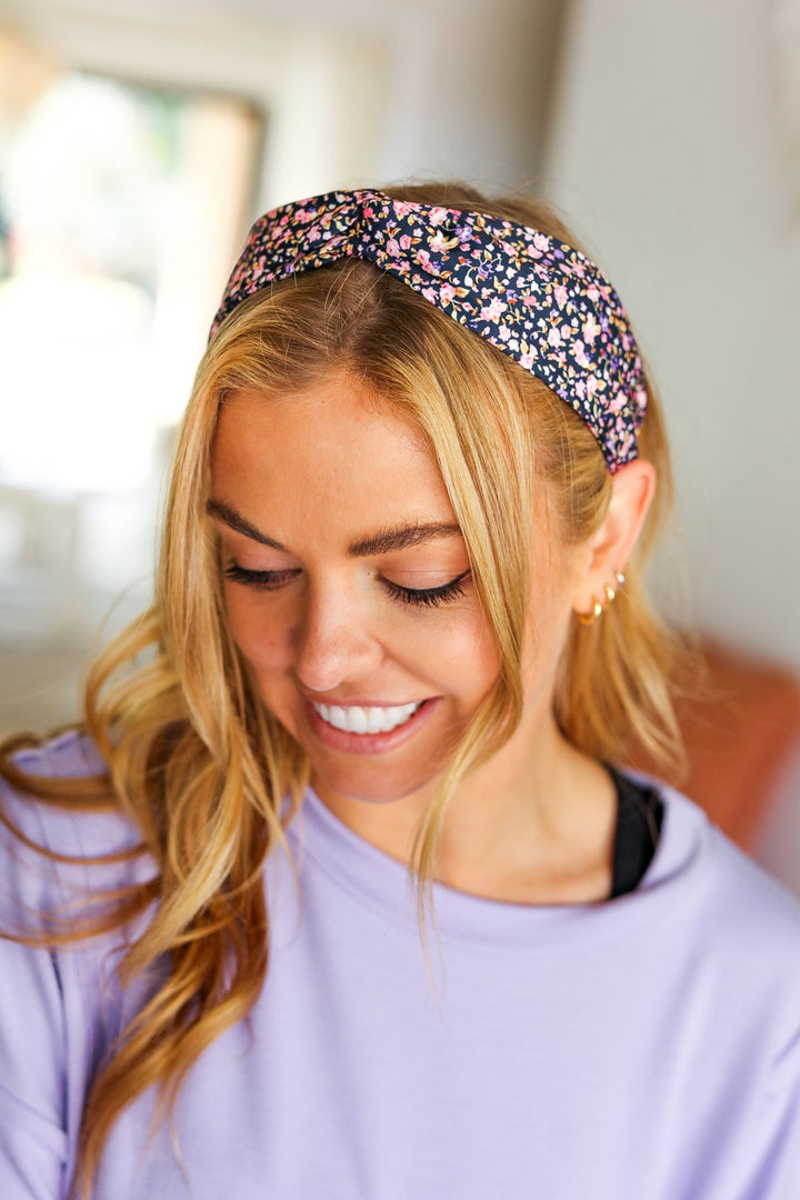 Navy Blue Floral Print Top Knot Headband