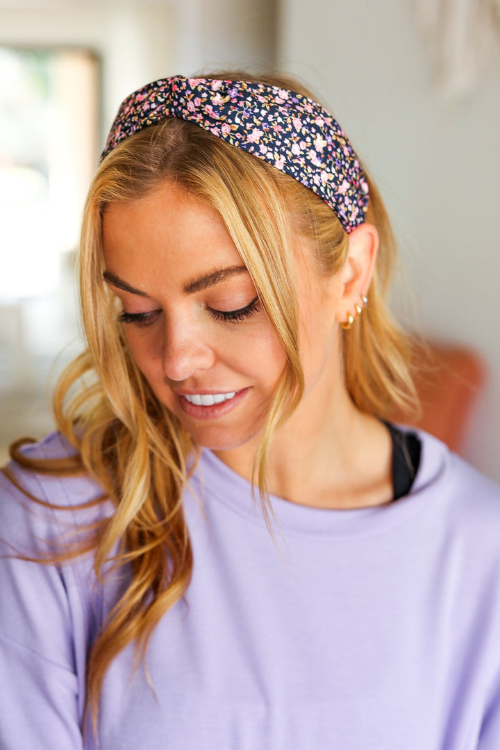 Navy Blue Floral Print Top Knot Headband