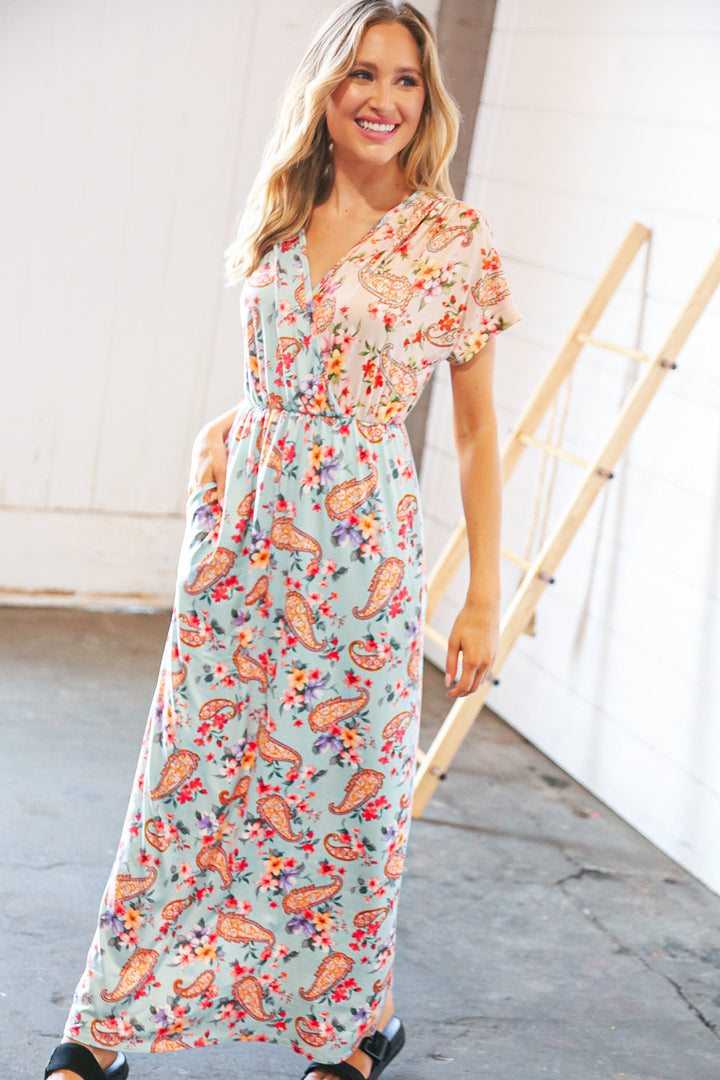 Lt Blue Floral Paisley Surplice Elastic Waist Maxi Dress