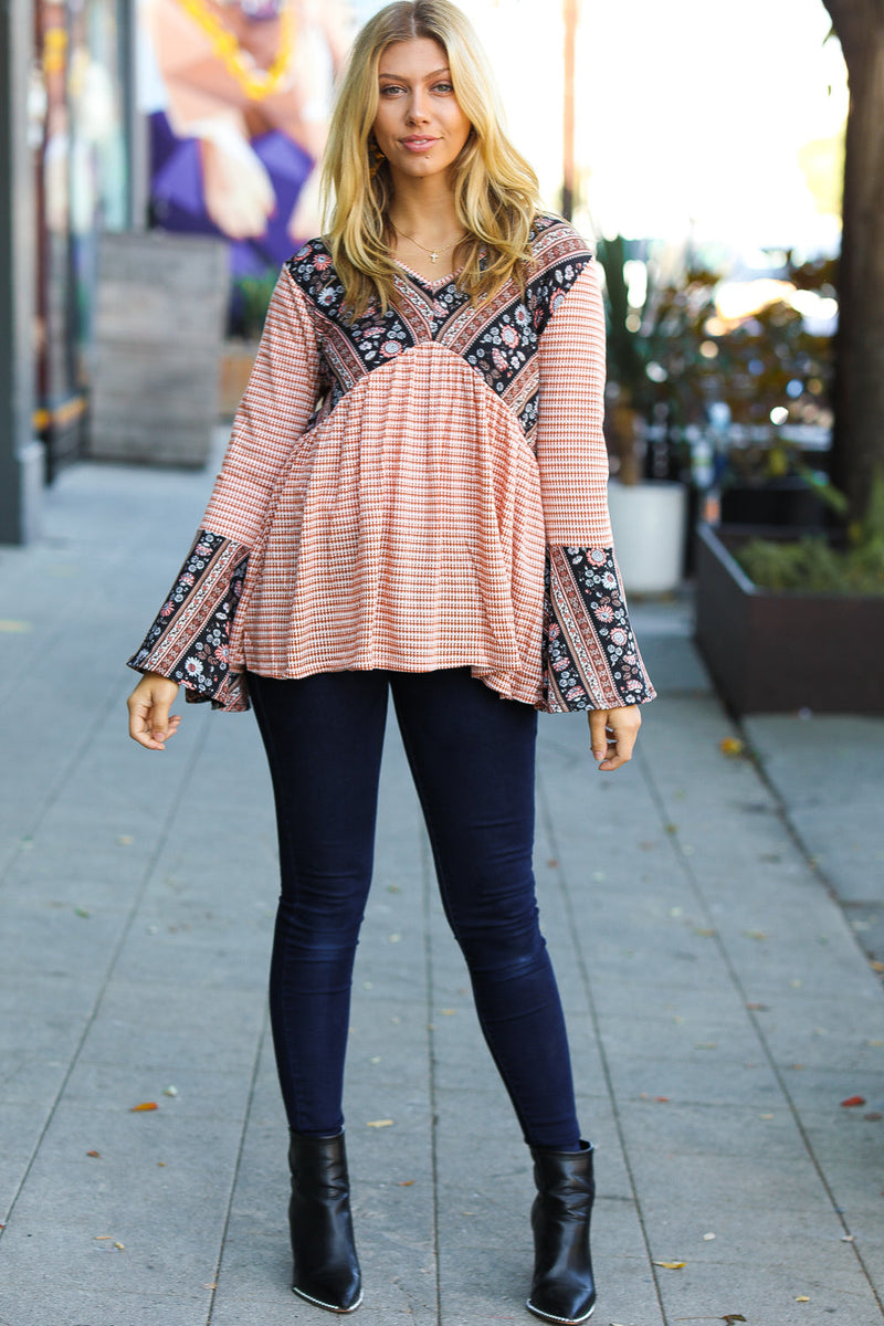 Rust Boho Floral Stripe Two Tone Bell Sleeve Top