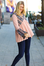 Rust Boho Floral Stripe Two Tone Bell Sleeve Top