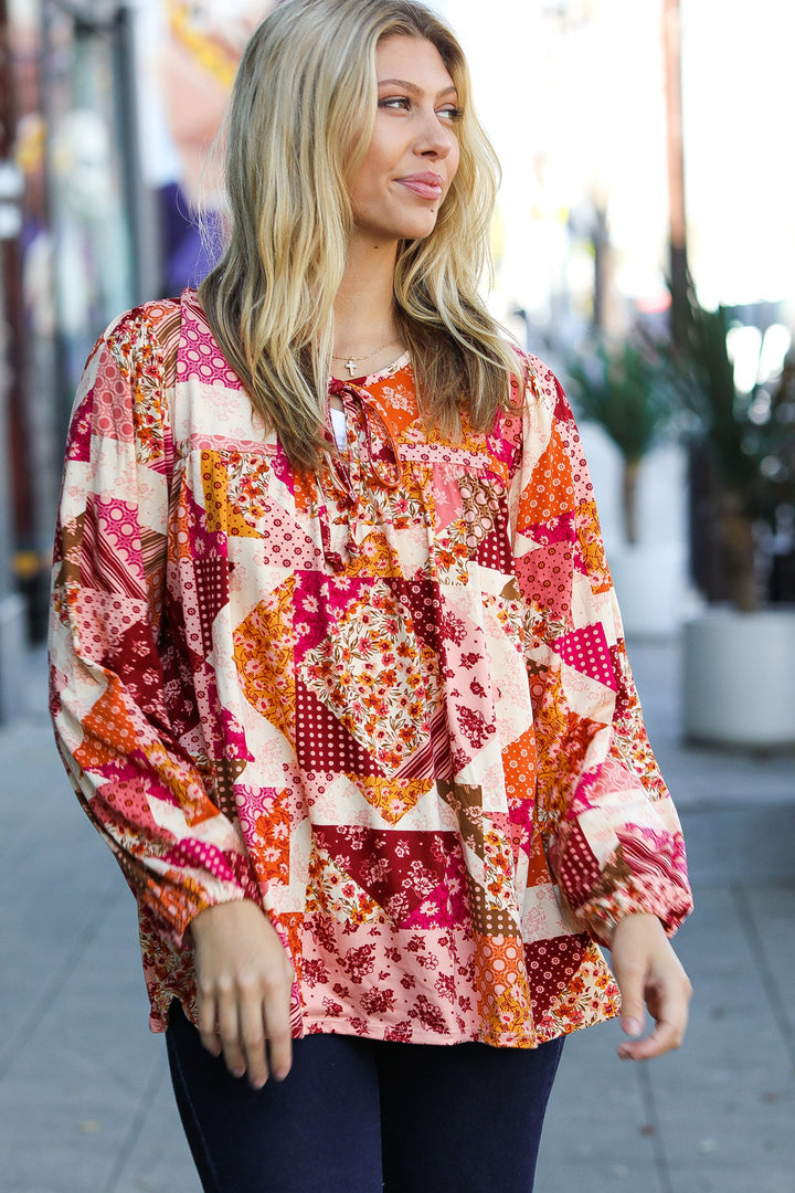 Rust/Magenta Patchwork Print Front Tie Boho Top