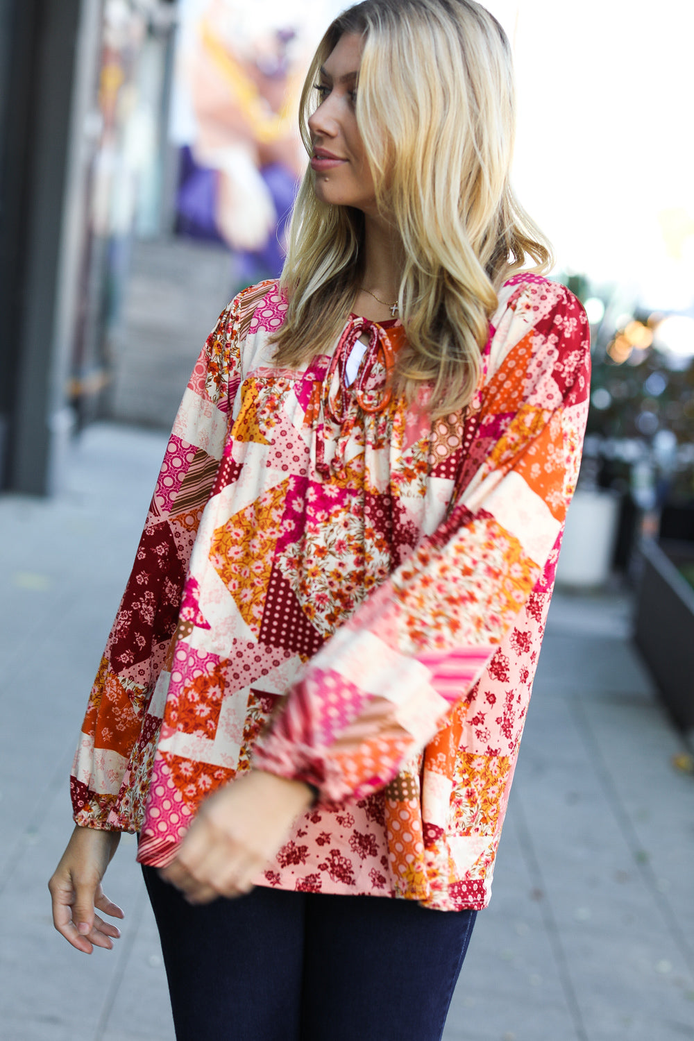 Rust/Magenta Patchwork Print Front Tie Boho Top