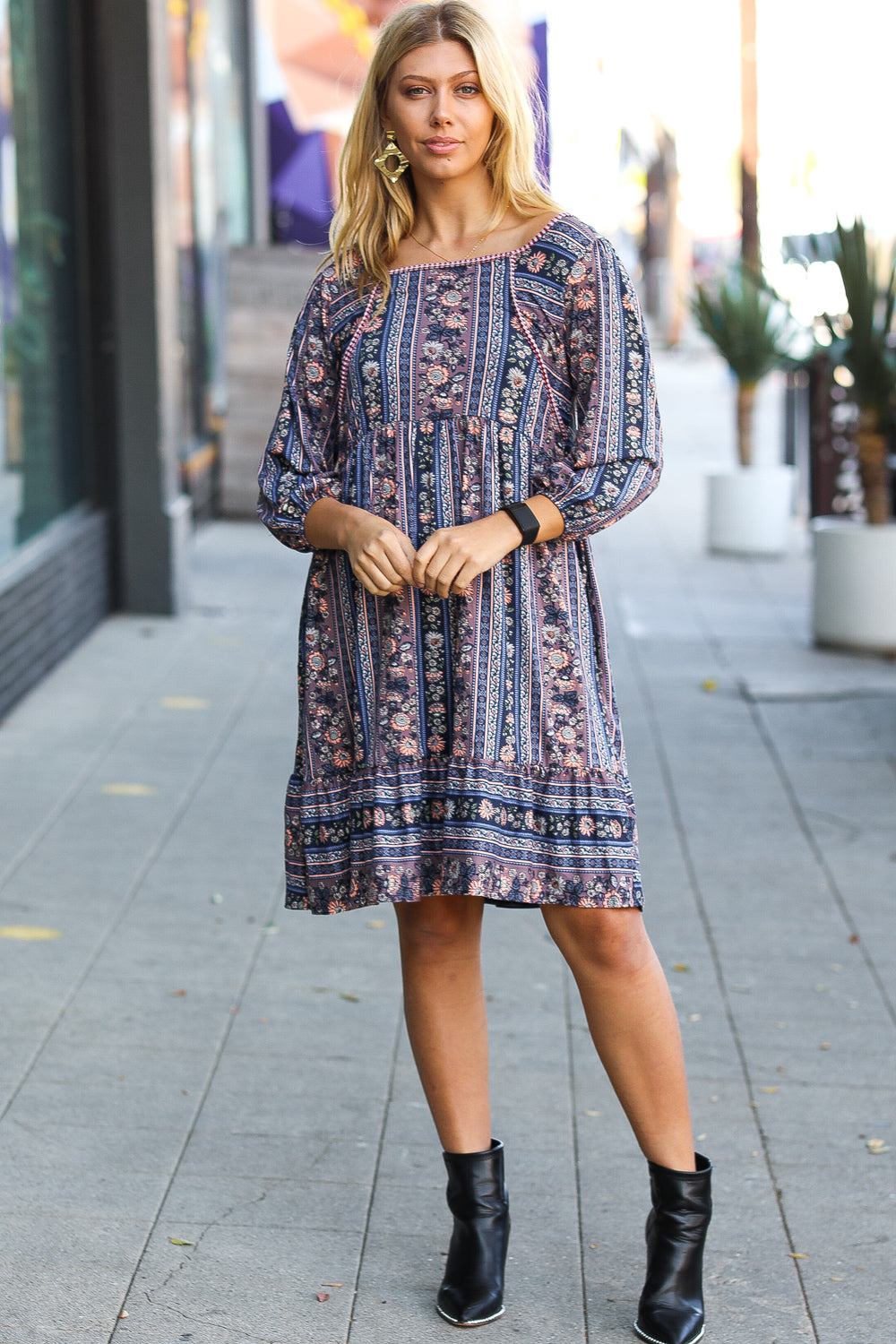 Navy Floral Stripe Babydoll Ruffle Pocketed Dress