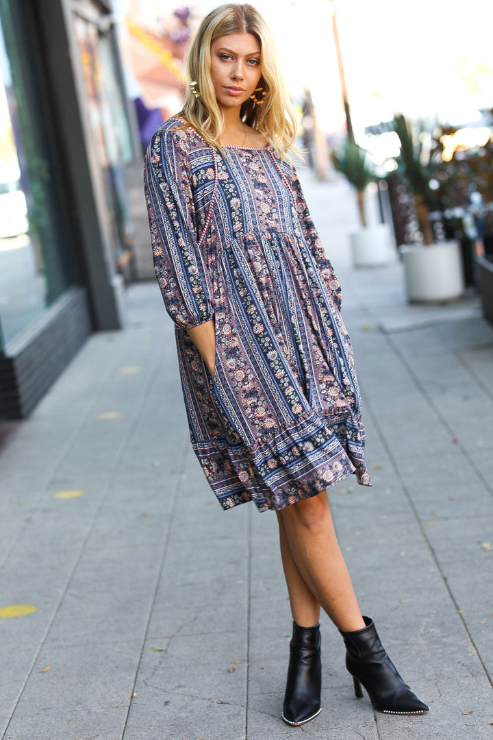 Navy Floral Stripe Babydoll Ruffle Pocketed Dress