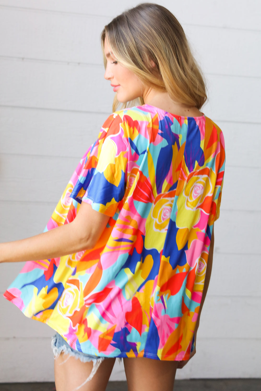 Orange & Yellow Geometric Floral V Neck Dolman Top