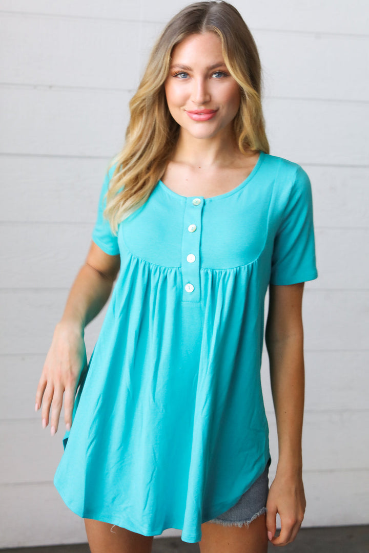 Sky Blue Dolphin Hem Shell Button Down Top