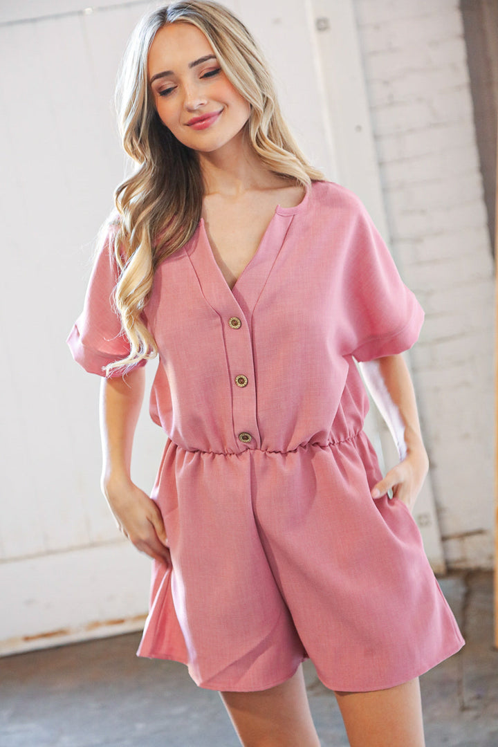 Dusty Rose Linen V Neck Button Detail Dolman Romper