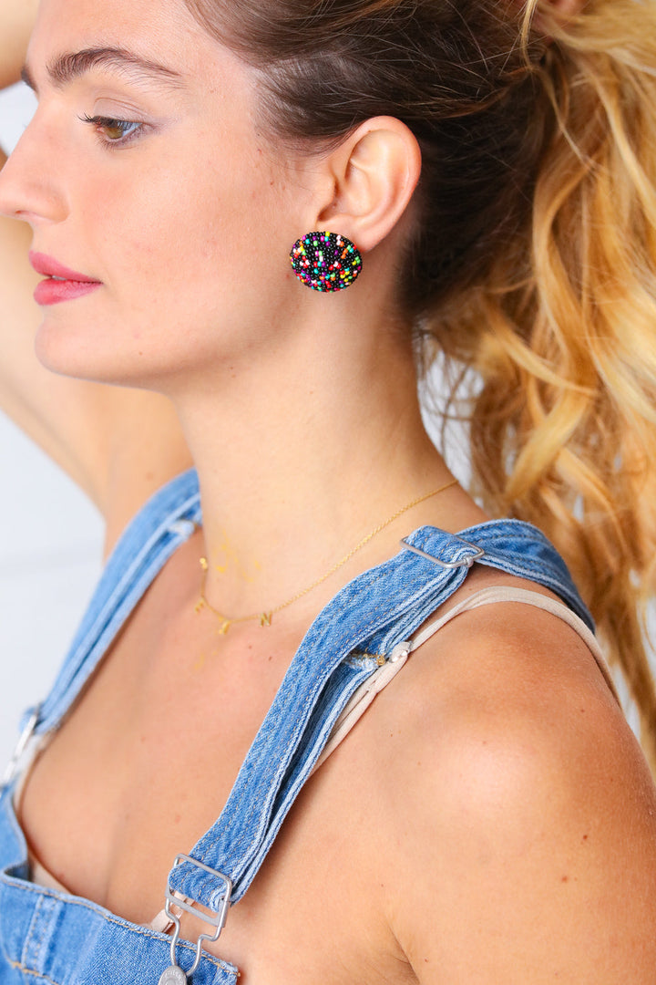 Black Multicolor Bead Stud Earrings