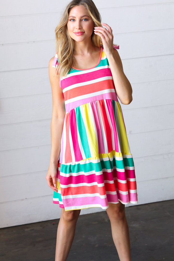 Multicolor Stripe Shoulder Tie Knot Ruffle Hem Dress