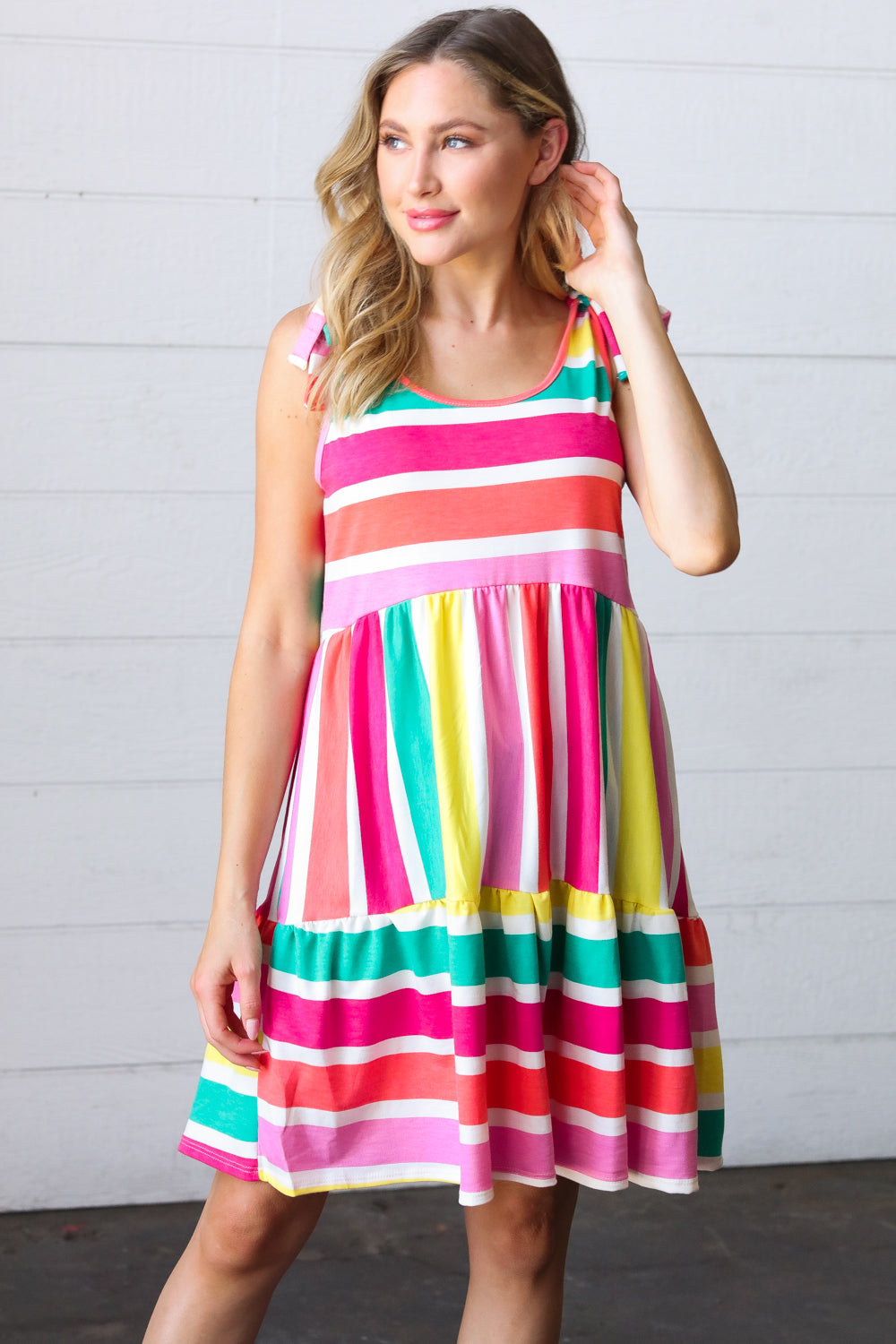 Multicolor Stripe Shoulder Tie Knot Ruffle Hem Dress