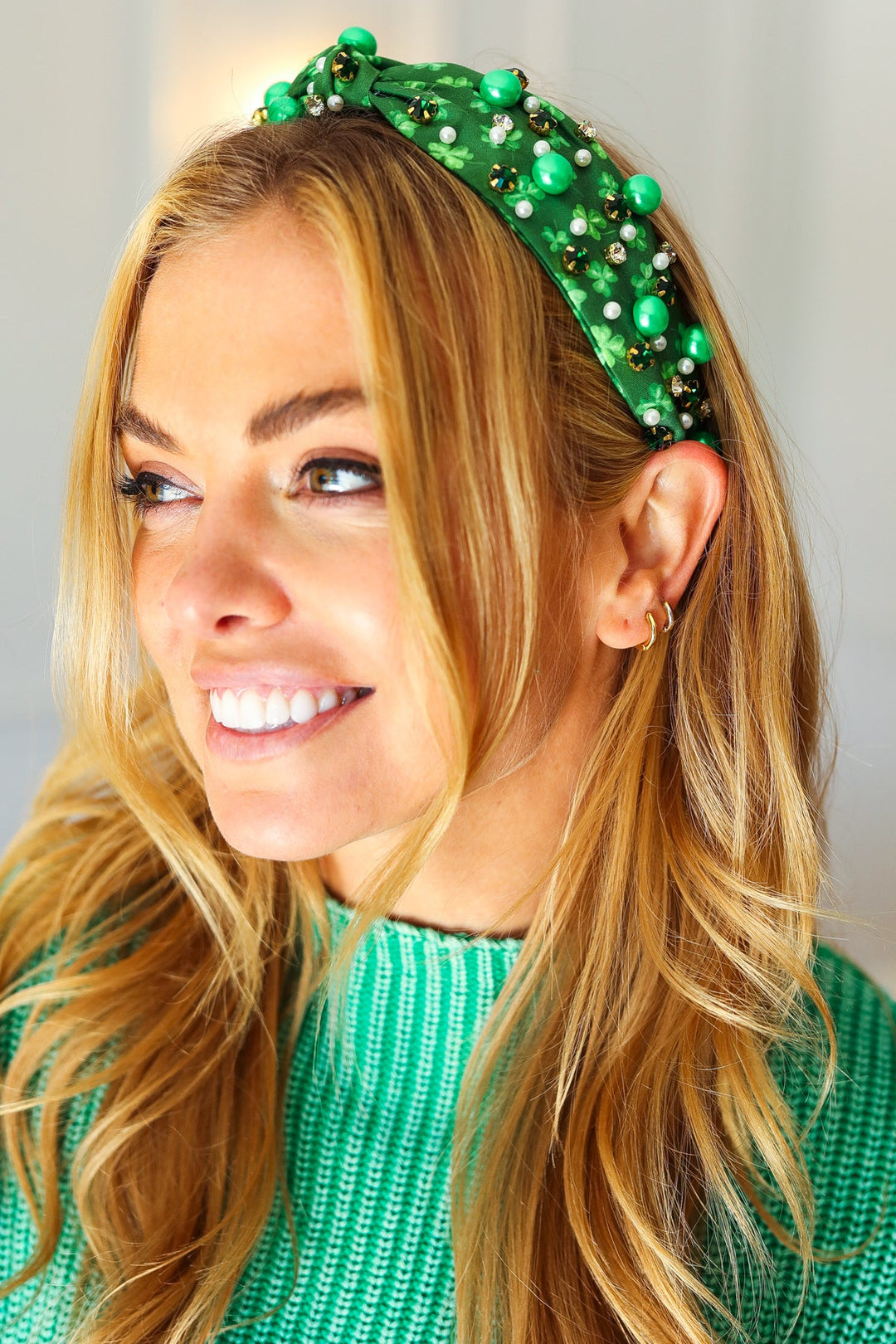 Shamrock Pearl and Jewels Top Knot Knit Headband