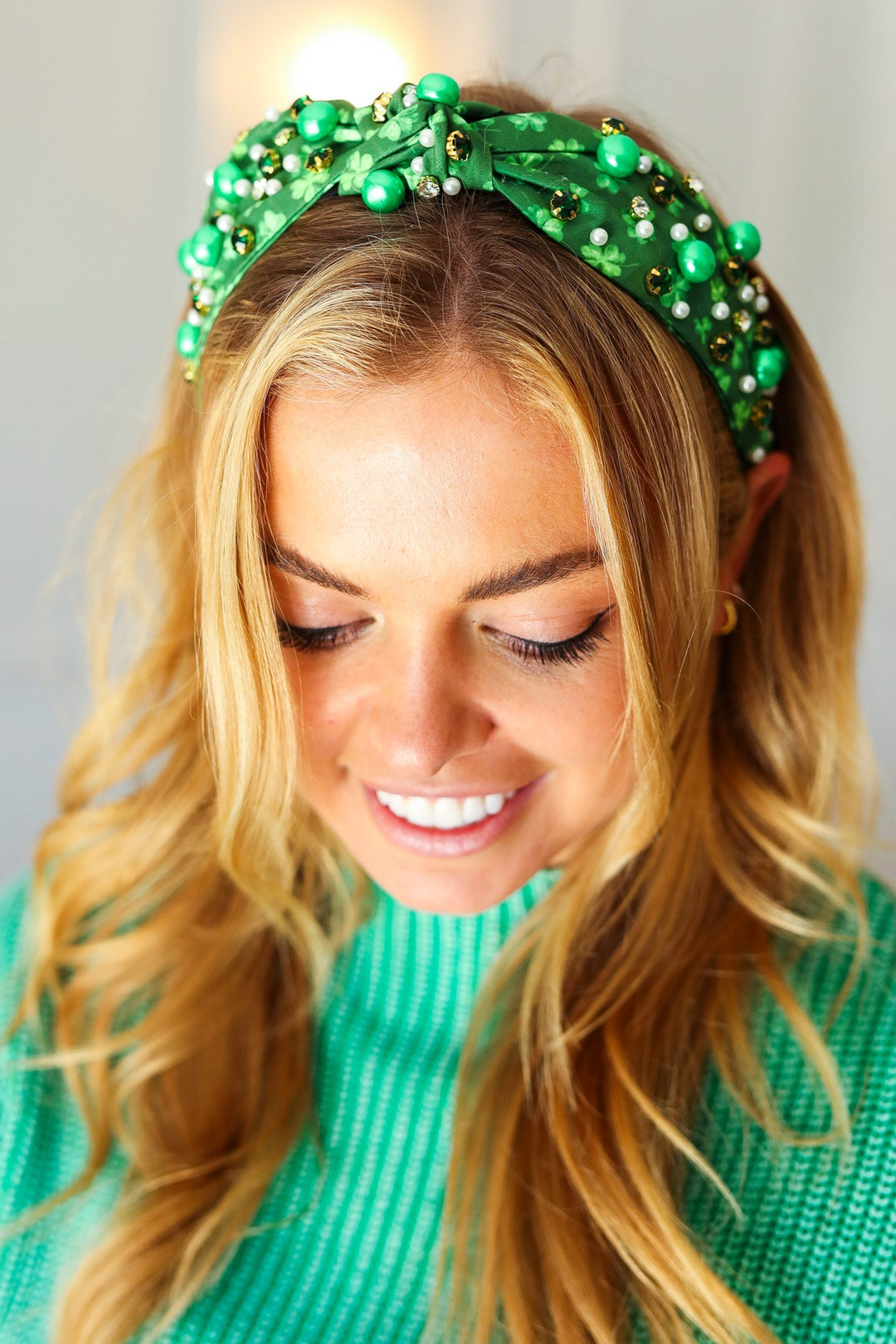 Shamrock Pearl and Jewels Top Knot Knit Headband