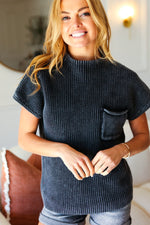 On Your Way Up Black Washed Mock Neck Knit Top
