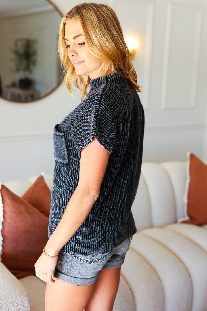 On Your Way Up Black Washed Mock Neck Knit Top