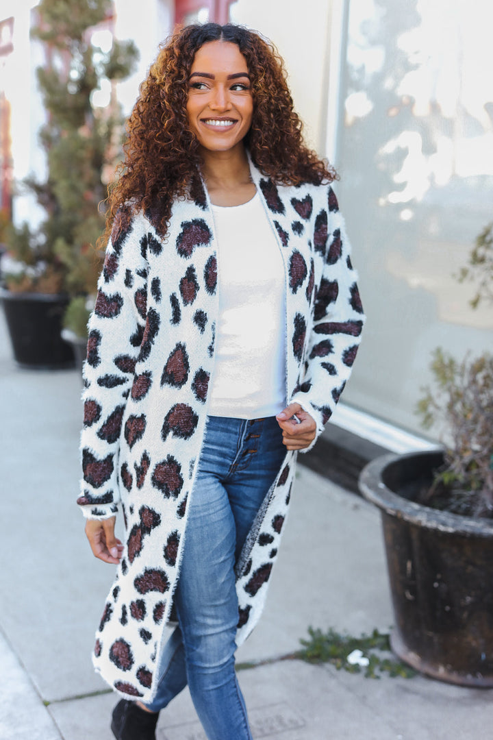 Boldly You Cream Fury Knit Animal Print Open Duster Cardigan