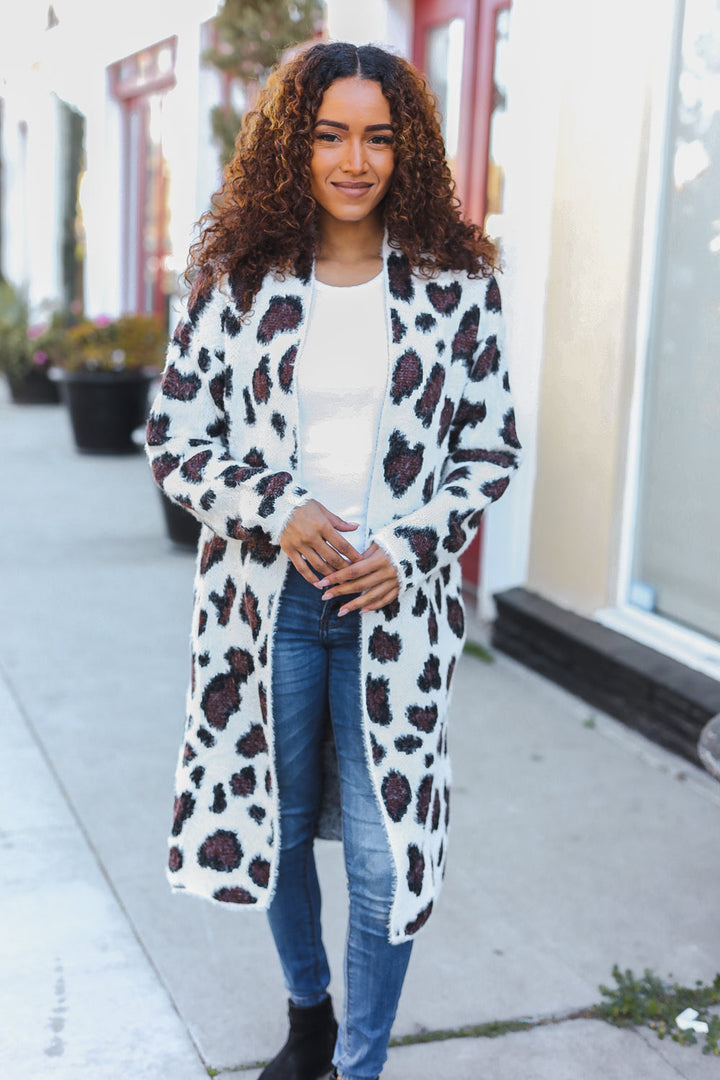 Boldly You Cream Fury Knit Animal Print Open Duster Cardigan