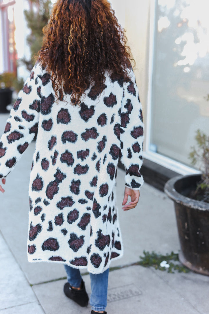 Boldly You Cream Fury Knit Animal Print Open Duster Cardigan