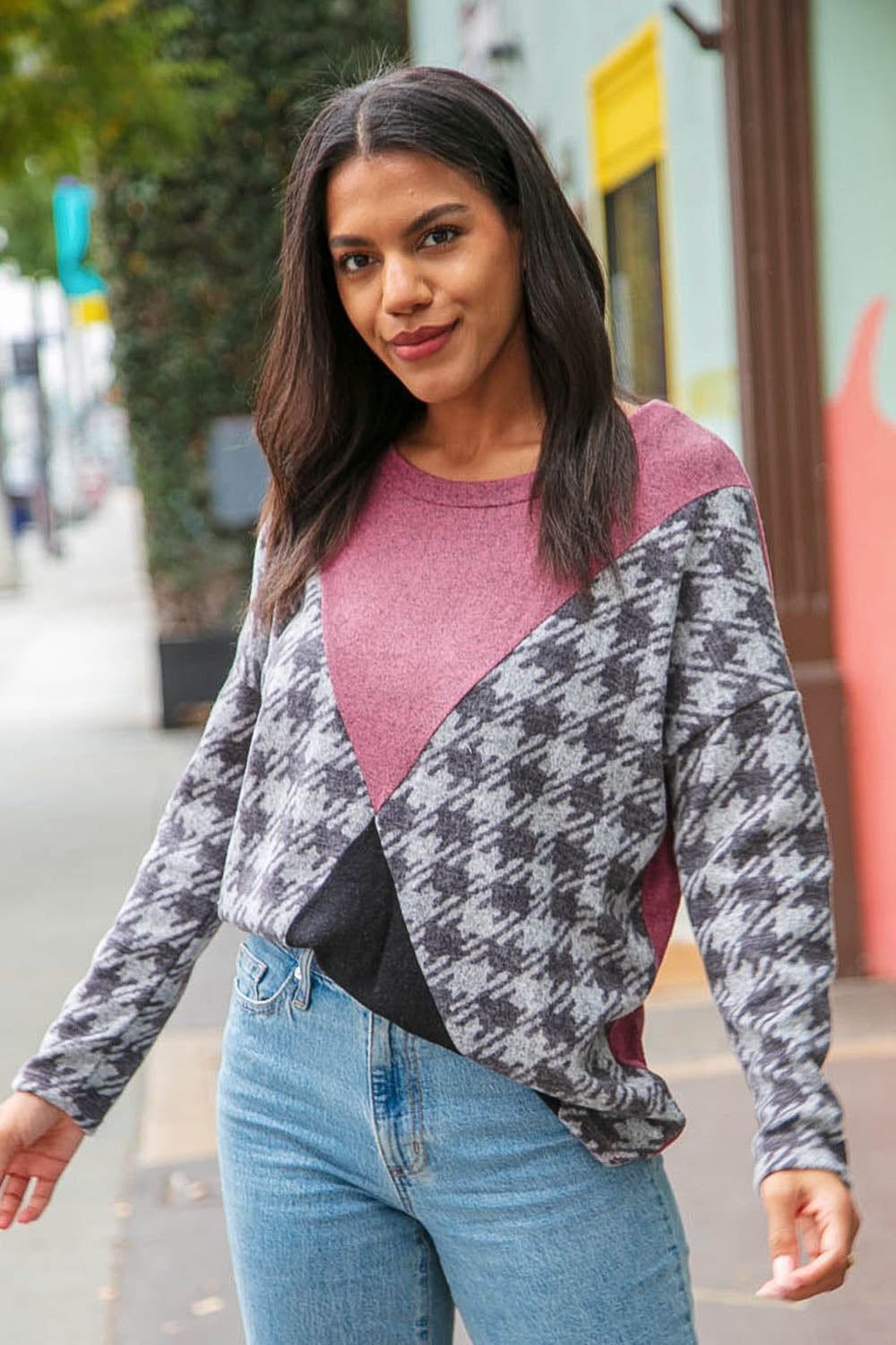 Houndstooth Cashmere Feel Color Block Top