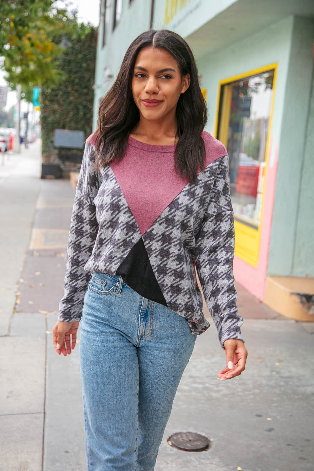 Houndstooth Cashmere Feel Color Block Top