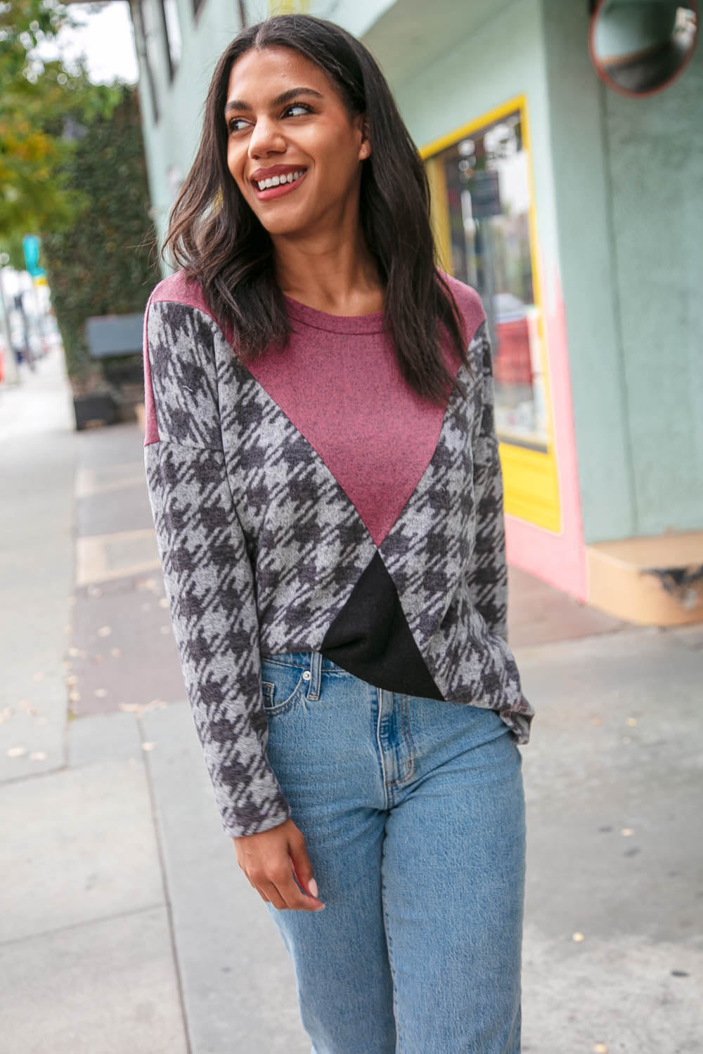 Houndstooth Cashmere Feel Color Block Top