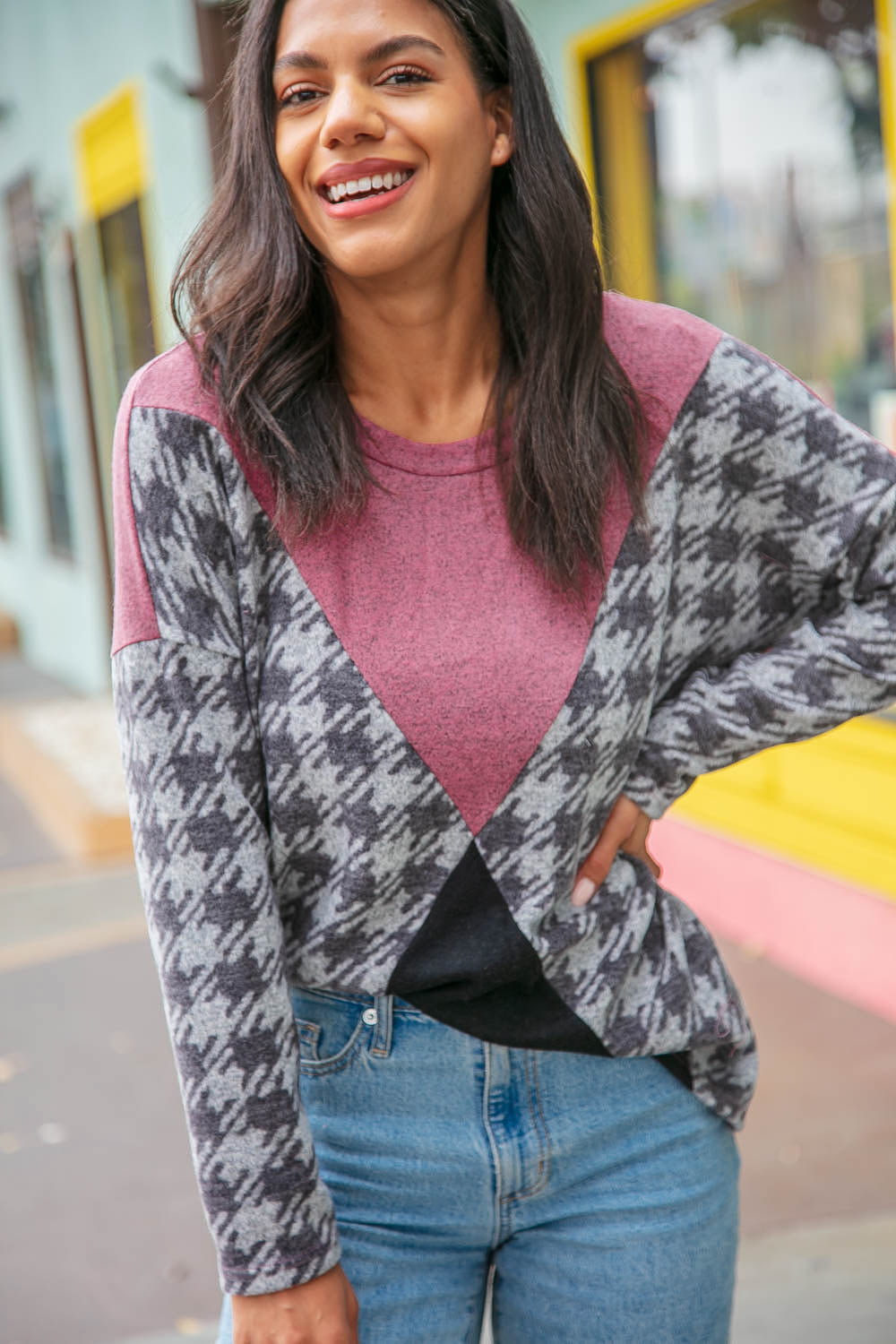 Houndstooth Cashmere Feel Color Block Top