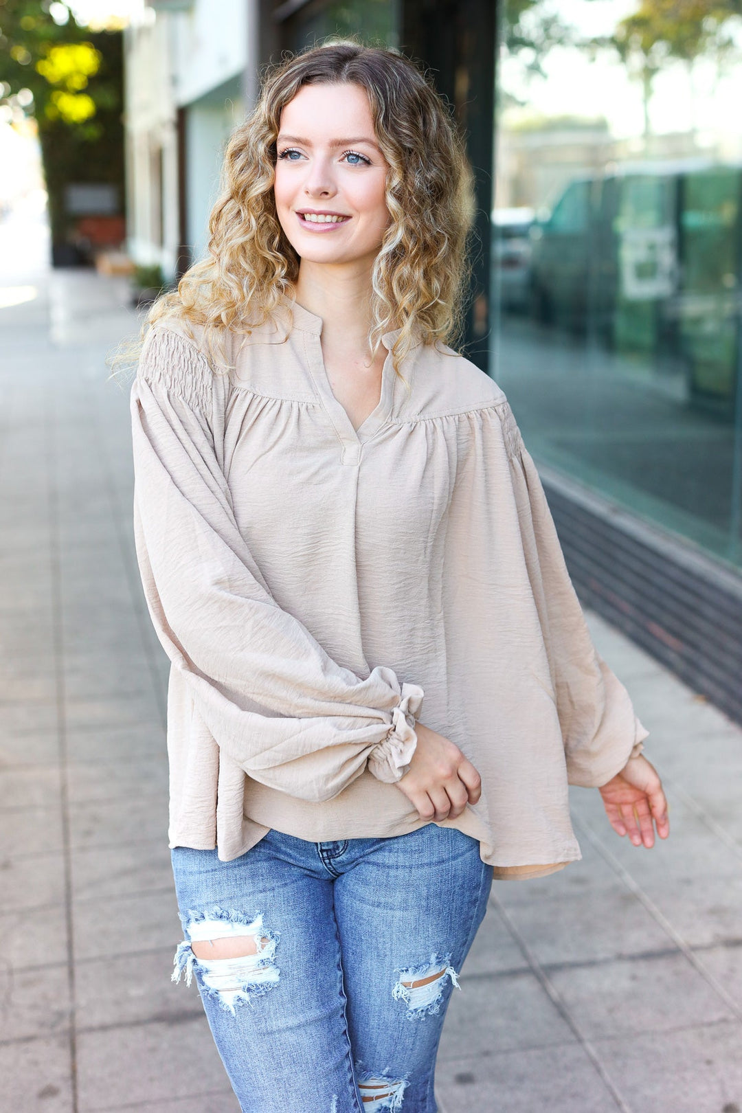 Boho Vibes Taupe Notched Neck Smocked Bubble Sleeve Top