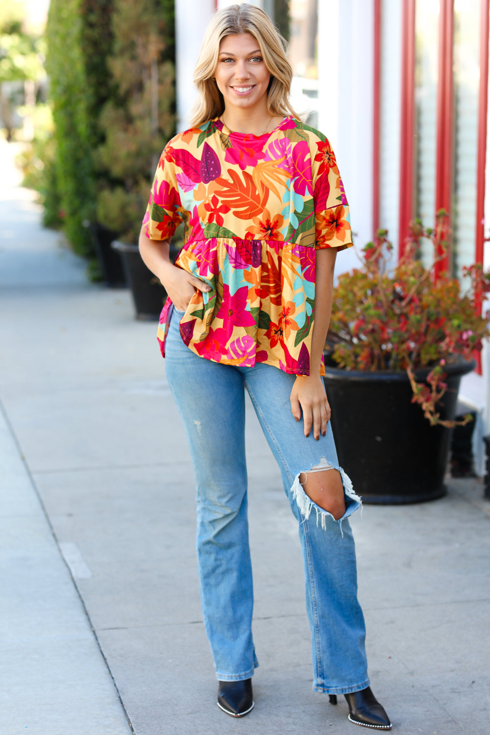 Burnt Orange Drop Shoulder Floral Babydoll Top