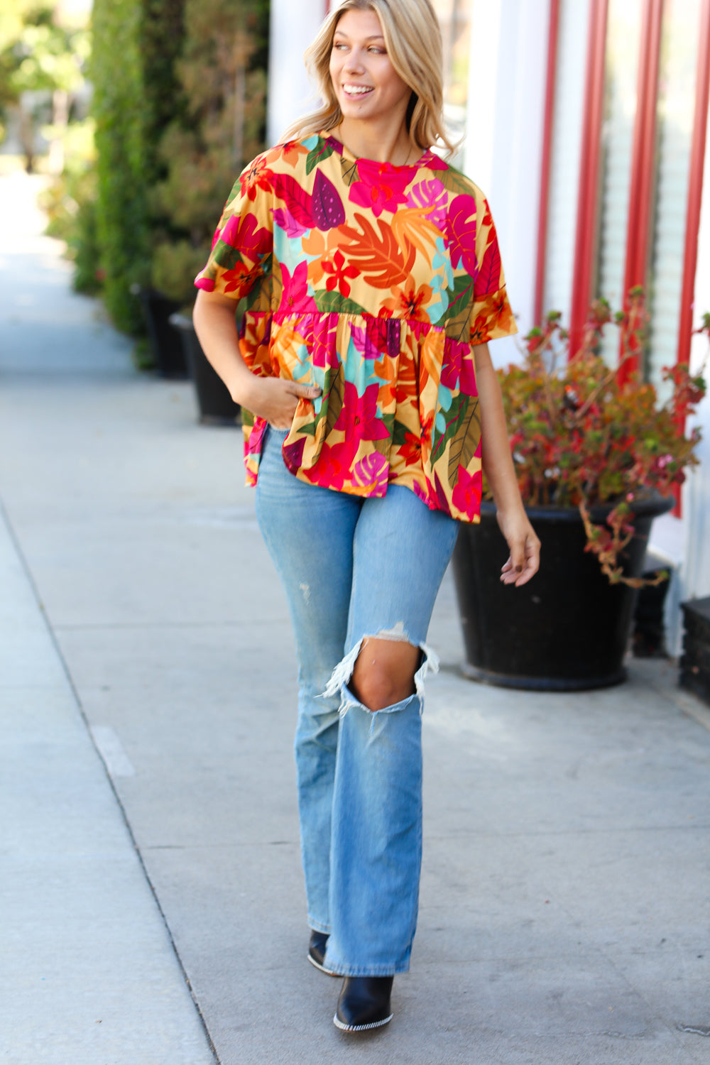 Burnt Orange Drop Shoulder Floral Babydoll Top