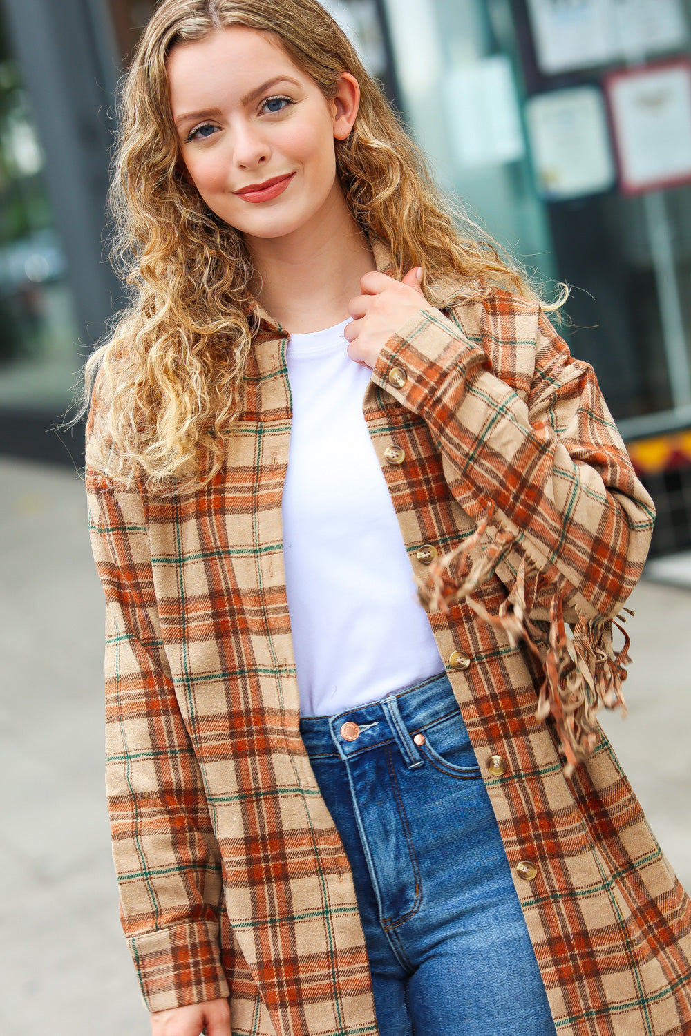 All Bets Off Taupe Flannel Plaid Fringe Jacket