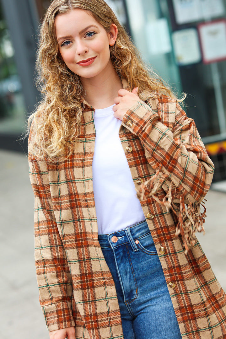 All Bets Off Taupe Flannel Plaid Fringe Jacket