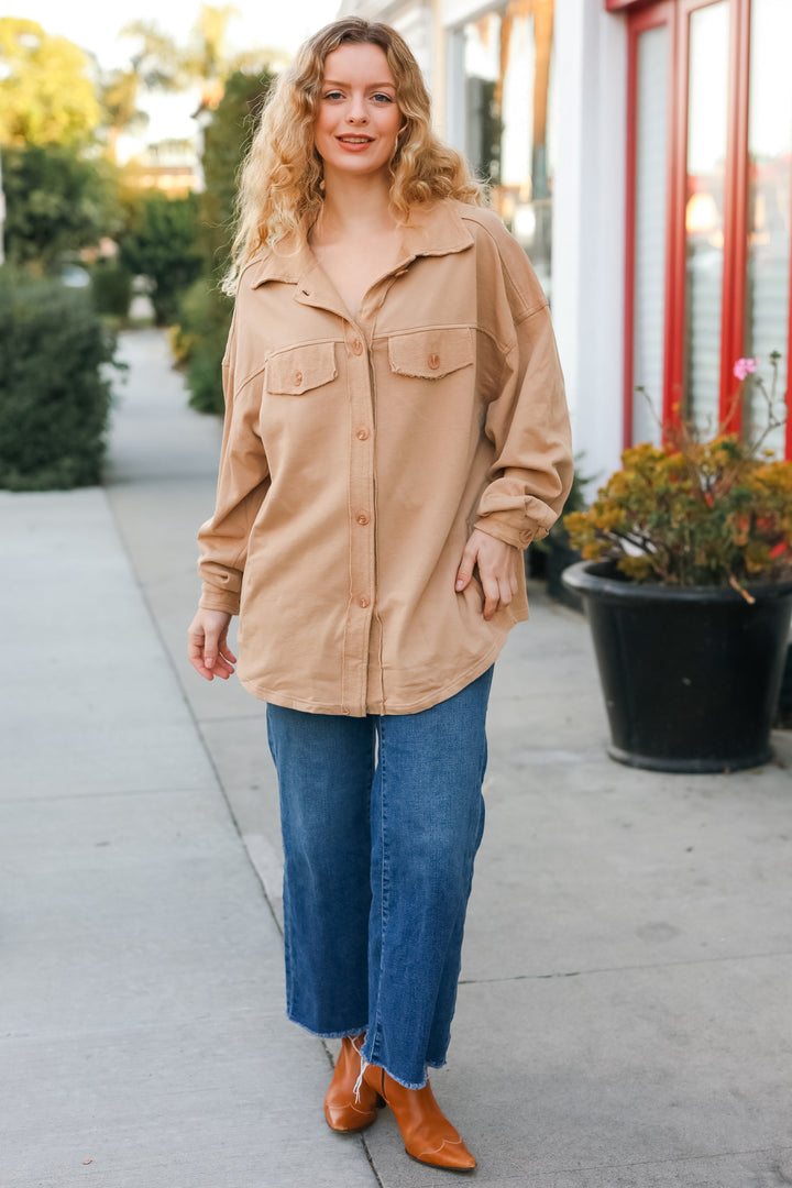 Good Times Camel Terry Oversized Shirt Shacket