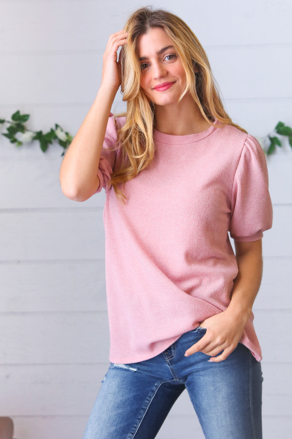 Baby Pink Puff Sleeve Two Tone Sweater Top