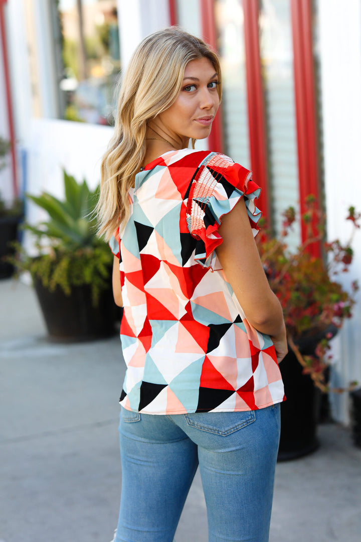 Ivory & Burnt Orange Geo Print Smocked Ruffle Frill Sleeve Top