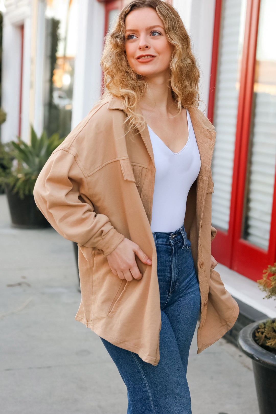 Good Times Camel Terry Oversized Shirt Shacket