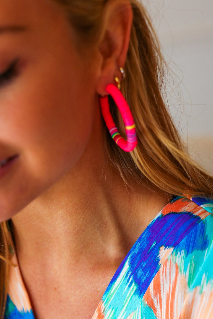 Neon Pink Puka Shell Hoop Earrings